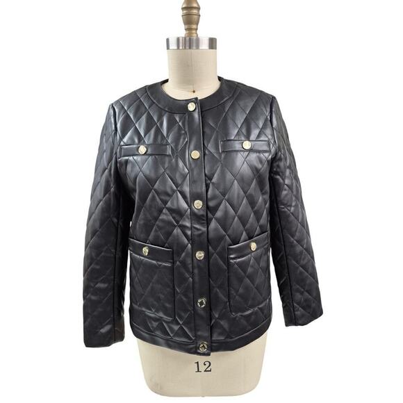 NWT Anne Klein Black Diamond Quilted Polyester Jacket Sz M NWT $209 Leather Like - Picture 1 of 7